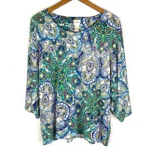 SALE Chico’s Blue Green Floral 3/4 Dolman Sleeve Popover Stretch Tunic size XL